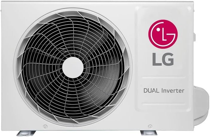 Unidade externa branca do ar condicionado LG com ventilador grande protegido, logo LG vermelho e texto Dual Inverter.