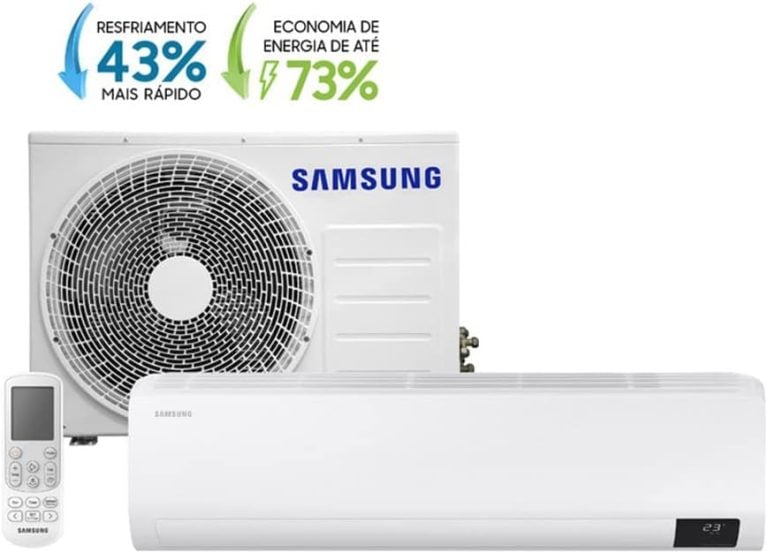 Ar condicionado split Samsung branco com unidade externa e interna, controle remoto e destaque para eficiência energética