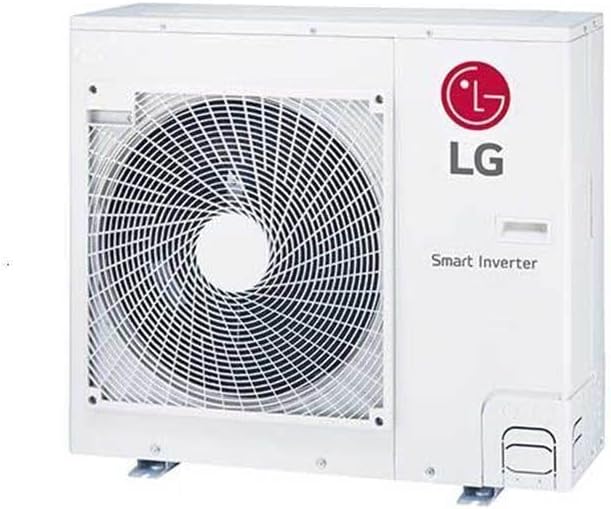 Unidade externa ar condicionado split teto inverter LG 36000 BTUs, branca com ventilador e logo LG vermelho.