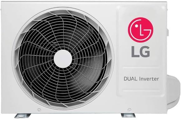 Unidade externa branca do ar-condicionado LG Dual Inverter com ventilador e logo LG vermelha.