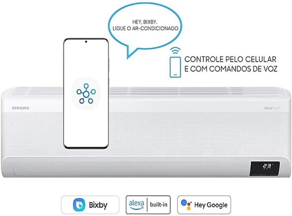 Ar Condicionado Samsung Inverter Connect com controle por celular e comandos de voz via Bixby, Alexa e Google.