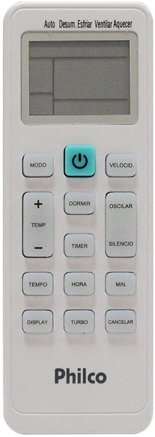 Controle remoto branco para ar-condicionado Philco com várias funções e display LCD