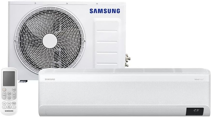 Conjunto ar-condicionado Samsung Windfree com unidade interna, controle remoto e unidade externa.