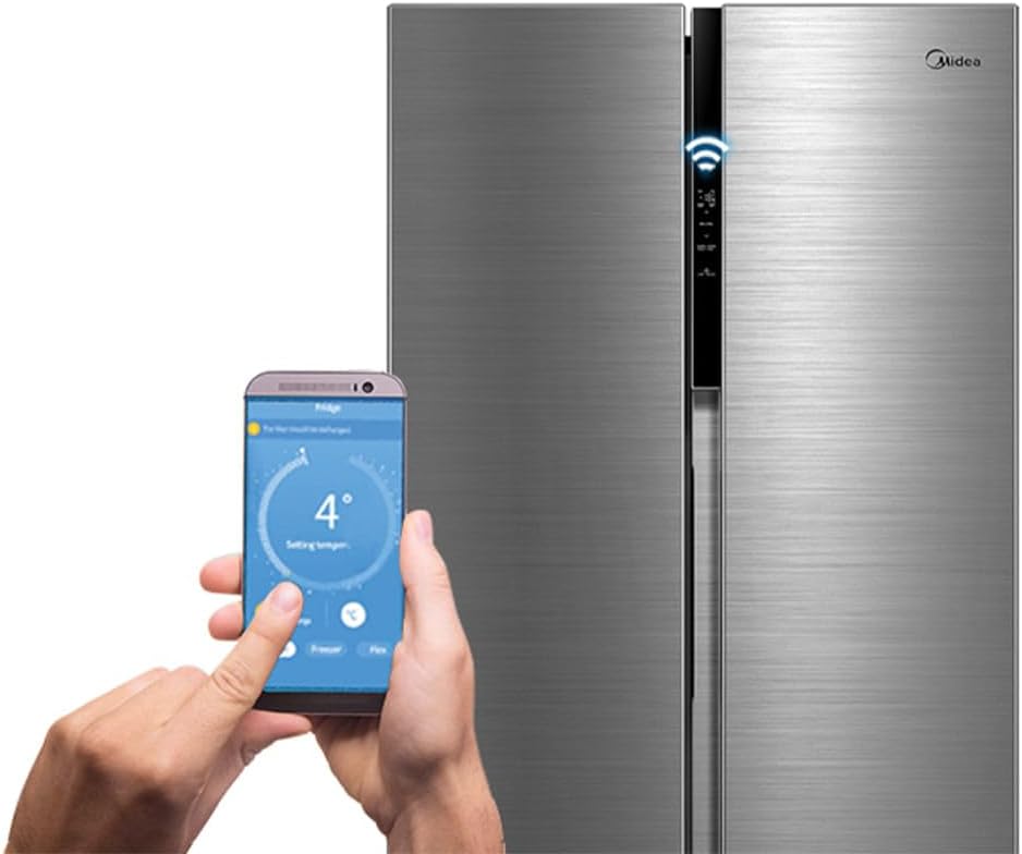 Controle de refrigerador side by side inox 442L Midea por smartphone Wi-Fi