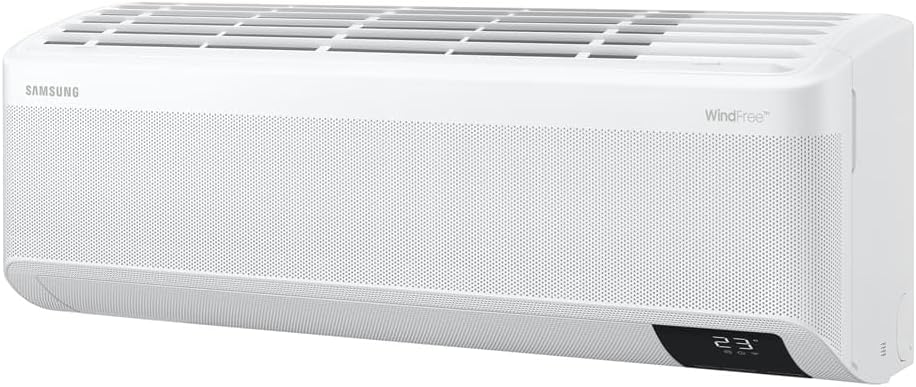 Unidade interna do ar-condicionado Samsung WindFree Pro Energy 9000 BTUs Samsung vista lateral esquerda.