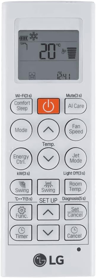 Controle remoto branco LG para ar condicionado Split Inverter 18.000 Btus com display e múltiplos botões funcionais.
