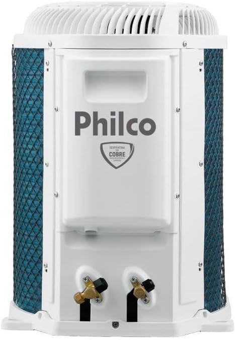 Unidade condensadora Ar Condicionado Philco 24000 BTUs branca com selo cobre e conexões visíveis.