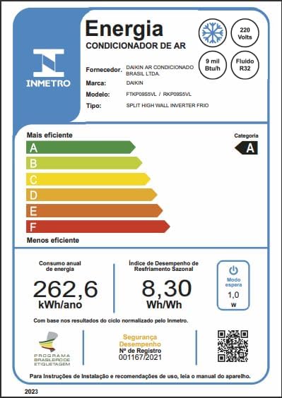 Etiqueta Inmetro do Ar Condicionado Daikin EcoSwing Gold categoria A, consumo 262,6 kWh e selo R32