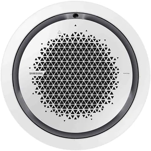 Unidade interna circular do ar condicionado Samsung Cassete 360 WindFree com grelha triangular preta.