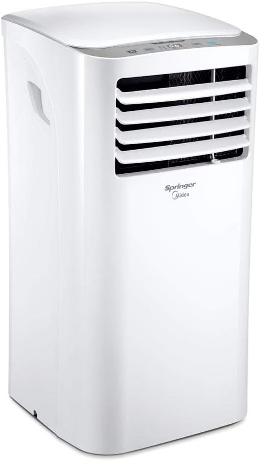 Ar Condicionado Portátil Springer Midea 12.000 BTUs branco vista em ângulo com alça e controle no topo