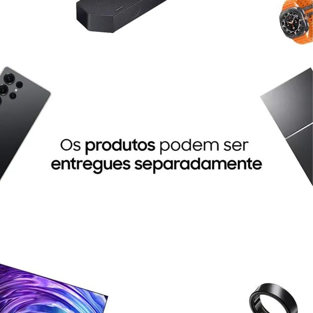 Texto sobre entrega separada de produtos com imagens recortadas de eletrônicos diversos ao redor, fundo branco
