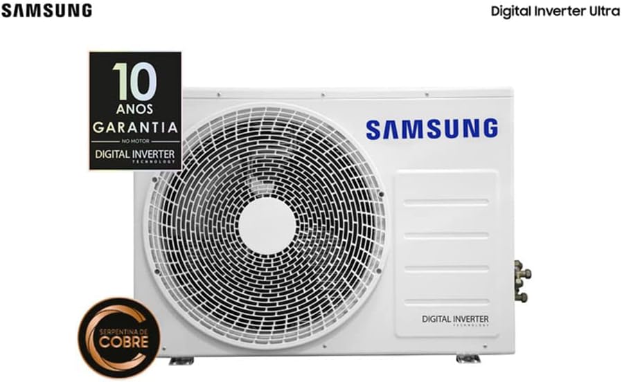 Unidade externa branca do ar condicionado Samsung com garantia de 10 anos e resistência de cobre