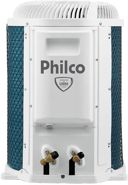Unidade externa branca com laterais azuis do ar-condicionado Split Inverter Philco 30000 BTUs com selo Superfície Cobre.
