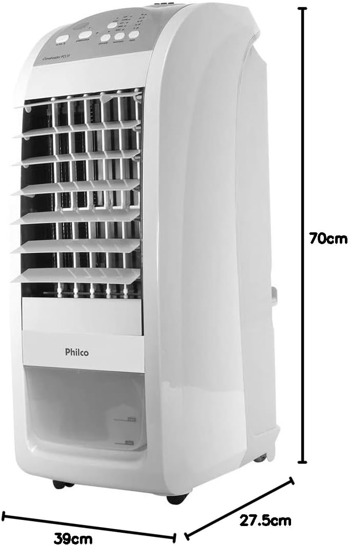 Climatizador de ar Philco PCL1F branco com medidas 70cm x 39cm x 27,5cm em fundo branco.
