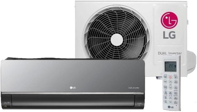 Ar-condicionado LG DUAL Inverter Voice 12.000 BTU com unidade interna cinza e preta, unidade externa branca e controle remoto branco.