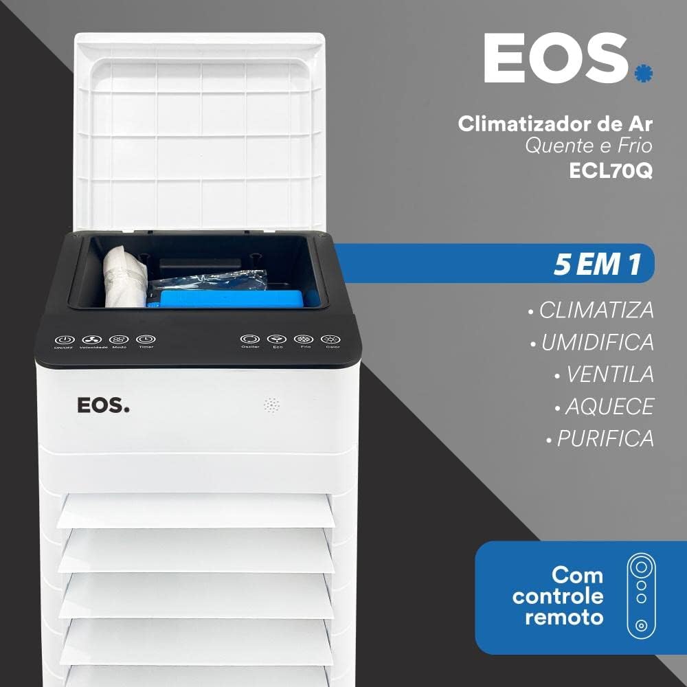 Climatizador de ar EOS 7 litros aberto mostrando compartimento interno e funções listadas
