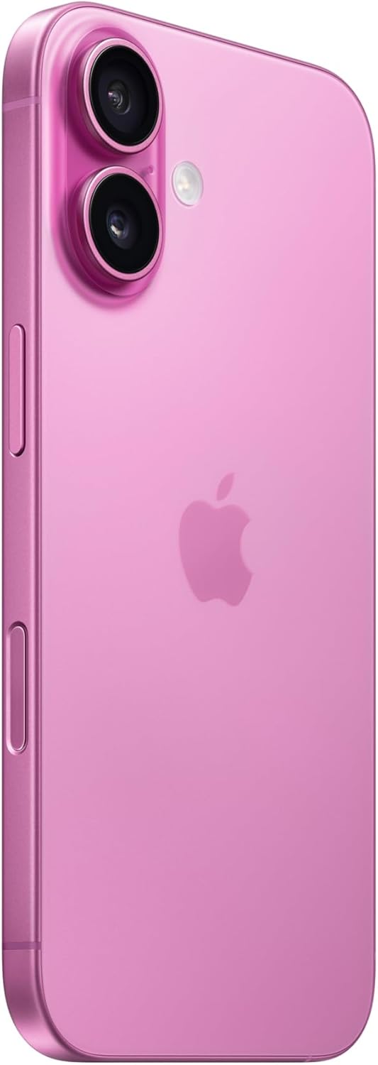 Lateral do iPhone 16 rosa exibindo dois sensores de câmera, botão lateral e acabamento elegante.