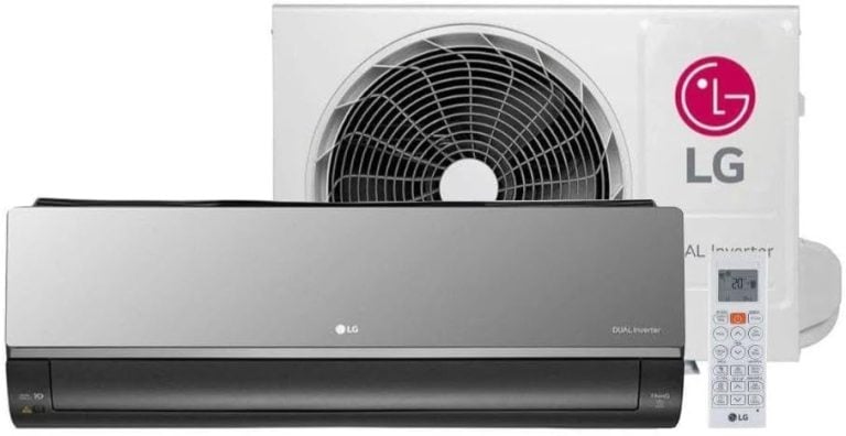Ar condicionado LG Dual Inverter Voice + AI Artcool UV Nano 12.000 BTUs unidade interna cinza e preta com controle remoto e unidade externa branca