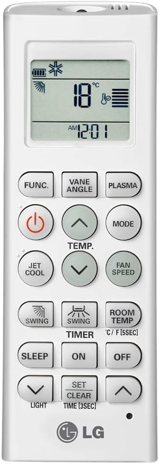 Controle remoto branco do ar condicionado LG com display digital e múltiplos botões de função.