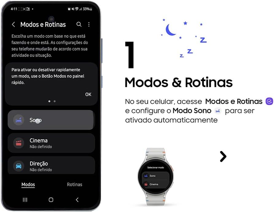 Configuração de modos e rotinas com modo sono no celular para ar condicionado Samsung WindFree