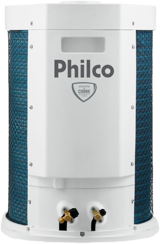 Unidade externa branca do ar condicionado Philco Split Hi Wall Eco Inverter com logo Philco e proteção cobre.
