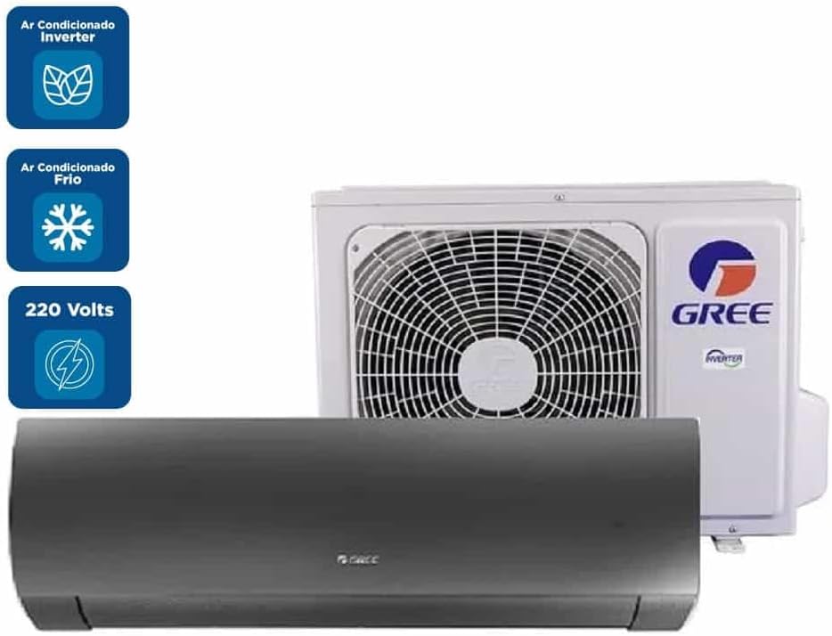 Ar Condicionado Split Gree G-Diamond preto com ícones de inverter, frio, 220 volts e unidade externa branca
