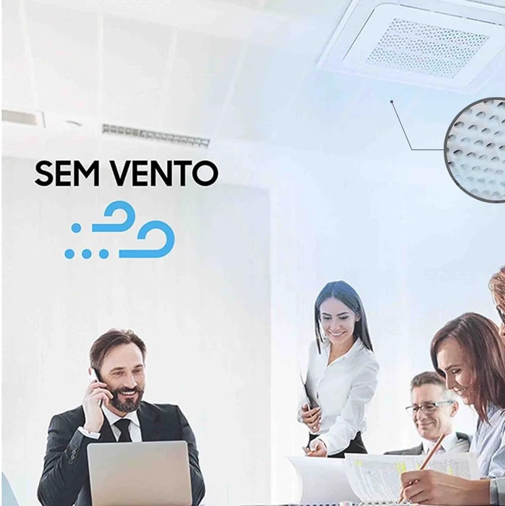 Ambiente de escritório com ar condicionado Samsung Cassete WindFree instalado no teto e texto sem vento