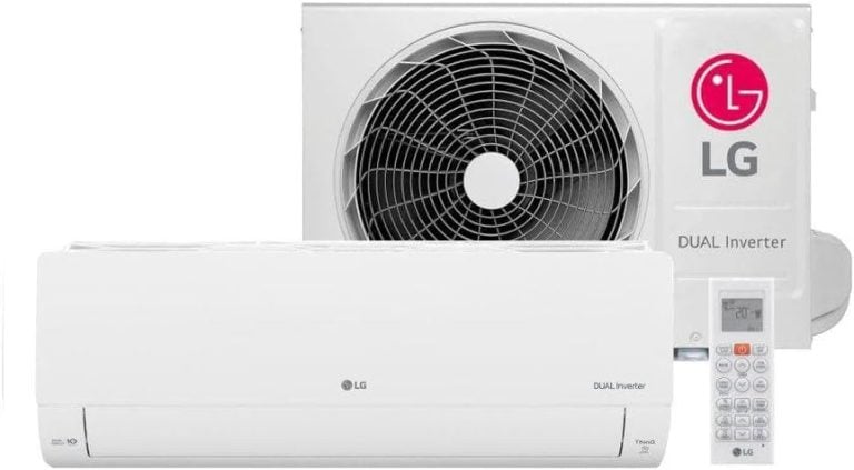 Ar condicionado LG Dual Inverter 9000 Btus com controle remoto e unidade externa, vista frontal.