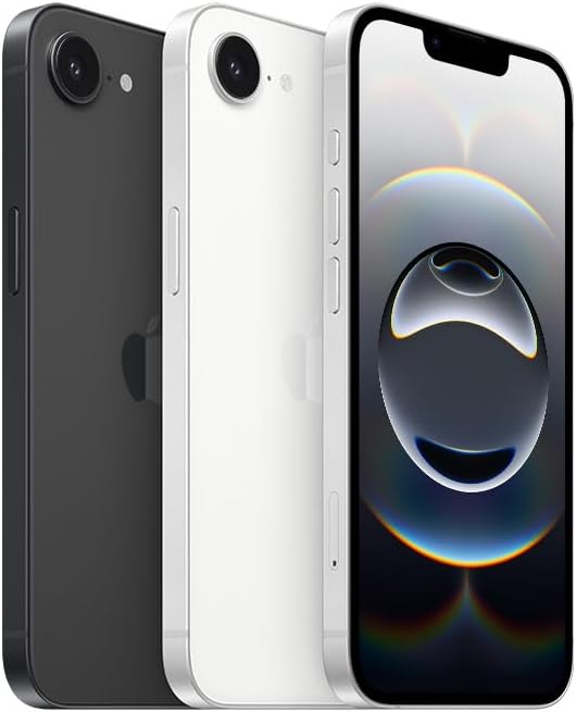 Apple iPhone 16e variando entre preto e branco mostrando frente e verso