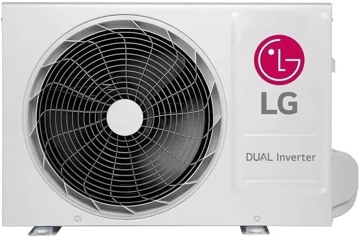 Unidade externa branca do ar condicionado LG Dual Inverter com ventilador e logo LG vermelho