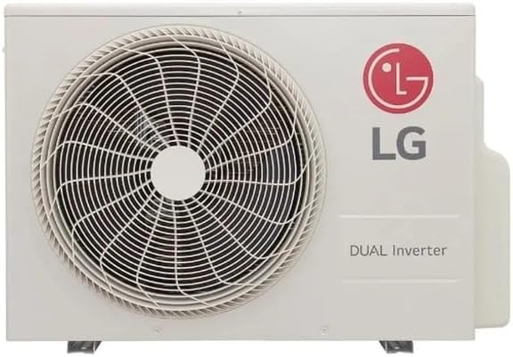 Unidade externa do ar condicionado LG Dual Inverter branca com logo vermelho e ventilador grande central.