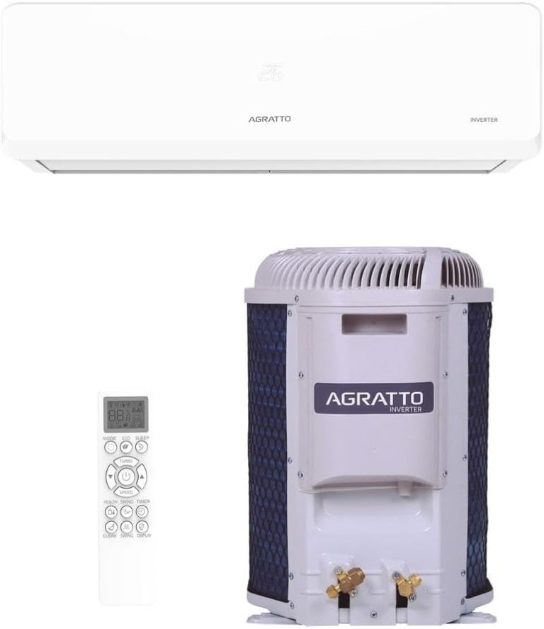 Ar condicionado split Agratto com unidade interna branca, unidade externa azul e branca e controle remoto branco.