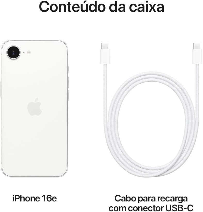 Conteúdo da caixa do Apple iPhone 16e branco com cabo USB-C para recarga.