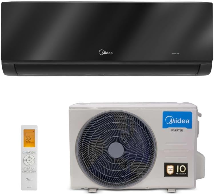 Ar condicionado Split Inverter Springer Midea Black Edition 12000 Btus com unidade externa e controle remoto branco.