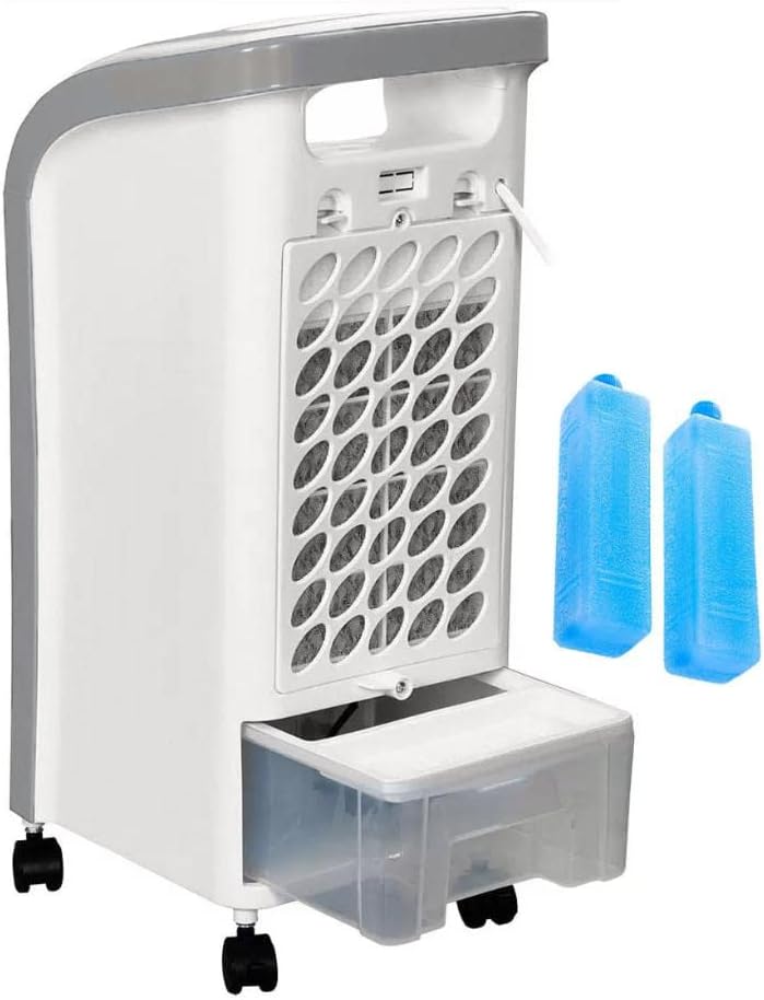 Parte traseira do climatizador de ar EOS Arctic Fresh 4 litros mostrando filtro e gaveta de água com blocos de gelo.