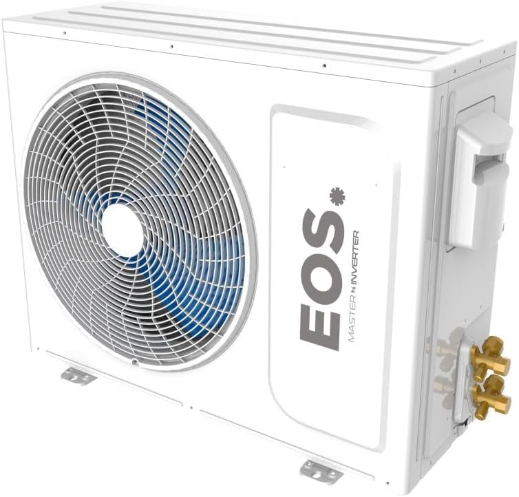 Unidade externa branca do ar-condicionado EOS com ventilador e conexões de instalação.