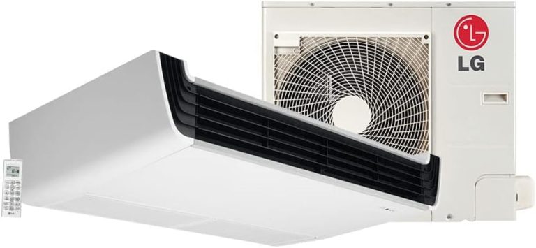 Ar condicionado split piso teto LG Inverter 30000 BTUs com unidade externa branca e unidade interna frente preta.