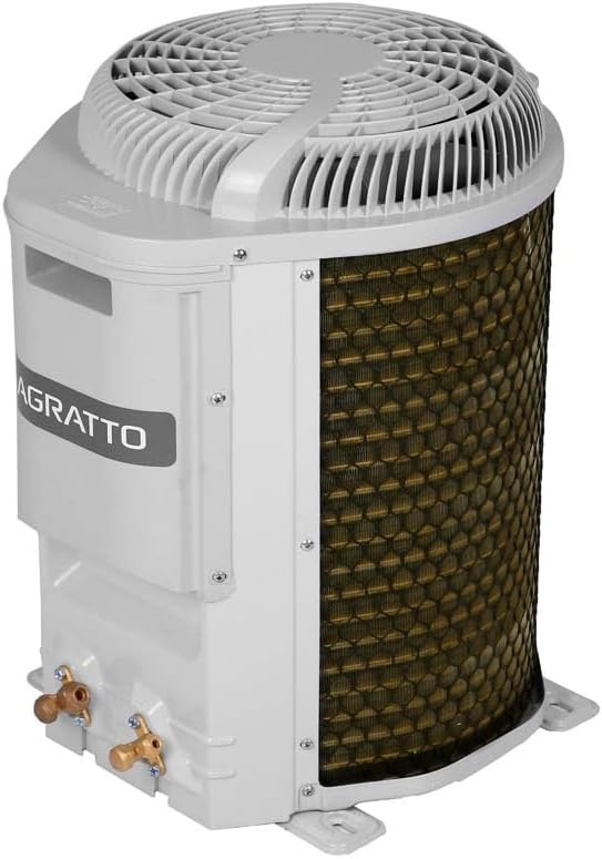 Vista lateral da unidade externa do ar-condicionado split Agratto Fit Top 9.000 BTUs com grelha superior.