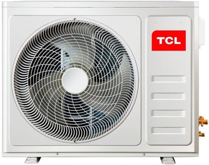 Unidade externa do ar condicionado TCL com ventilador circular e logo vermelho.