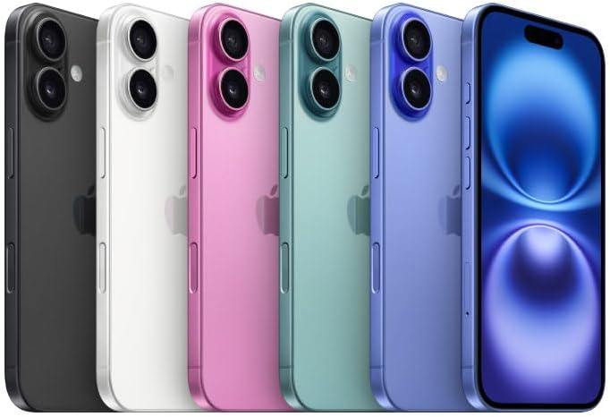 Apple iPhone 16 em várias cores lado a lado mostrando frente e verso.