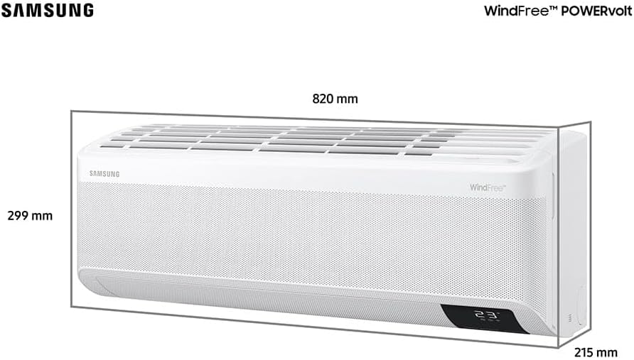 Dimensões do ar condicionado Samsung WindFree POWervolt unidade interna 820x299x215 mm.