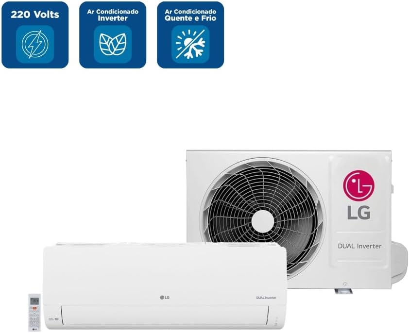 Ar condicionado LG Dual Inverter 220 volts, com função quente e frio, unidades interna e externa visíveis.