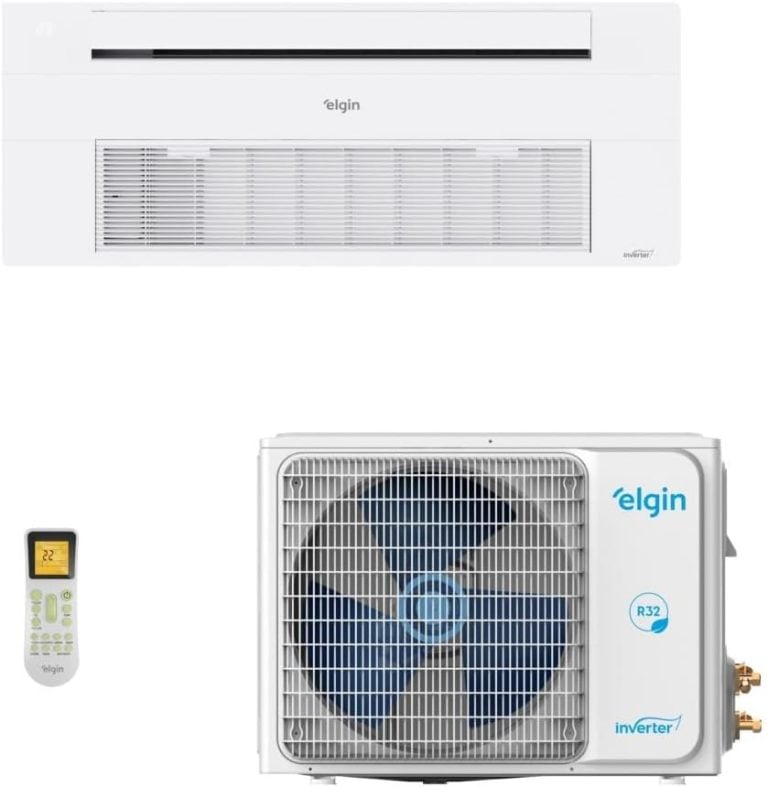Ar condicionado split cassete Elgin One Air 12000 BTU/h branco, unidade interna, externa e controle remoto.