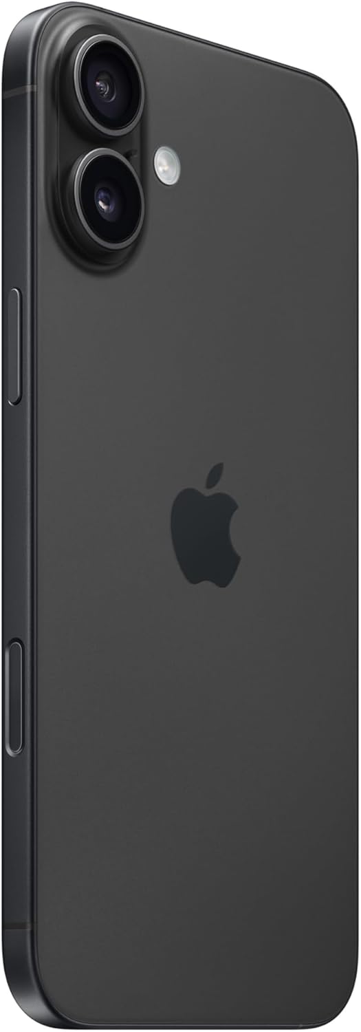 Apple iPhone 16 Plus preto vista lateral traseira com câmera dupla e flash