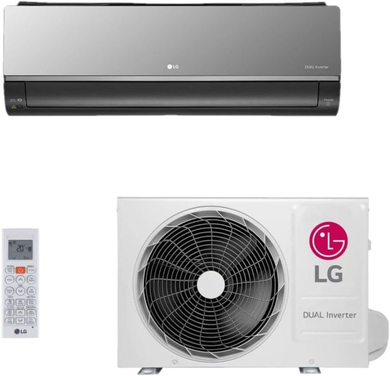 Ar condicionado Split Hi Wall LG Artcool 12000 BTU/h quente e frio com unidade interna cinza e externa branca, controle remoto incluído.