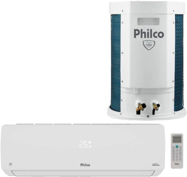 Unidade interna e externa do ar condicionado Philco 24000 Btu Quente e Frio Inverter com controle remoto.