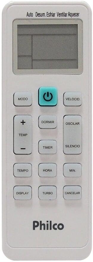 Controle remoto branco ar-condicionado Philco com display e botões em português