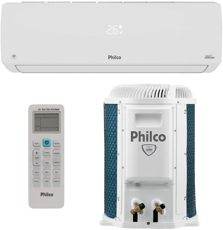 Ar-condicionado Split Inverter Philco 30000 BTUs com unidade interna, controle remoto e unidade externa visíveis, temperatura no visor 26°C.