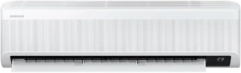 Unidade interna do ar-condicionado Samsung WindFree Connect 12.000 BTUs branco com display digital de temperatura 23 graus.