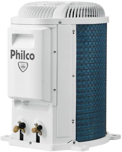 Unidade condensadora lateral esquerda do Ar Condicionado Philco 24000 BTUs com selo cobre e detalhes azuis.